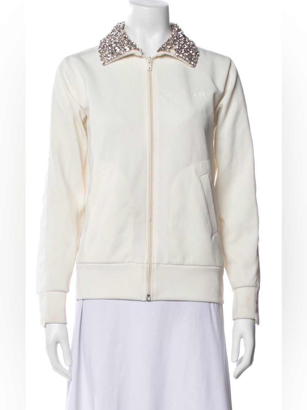 Golden Goose Cream Zip Bomber Jacket with Jeweled Collar